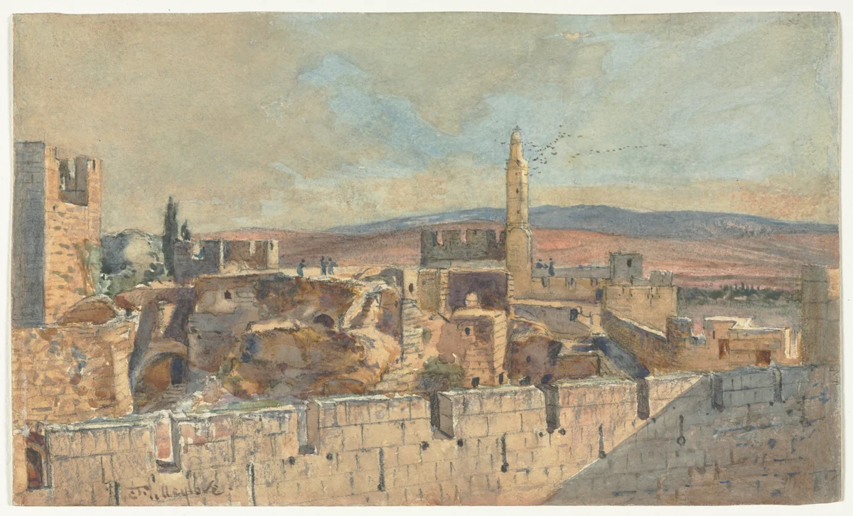 View of the Old City of Jerusalem by John Fullylove, drawing, 1850-1899