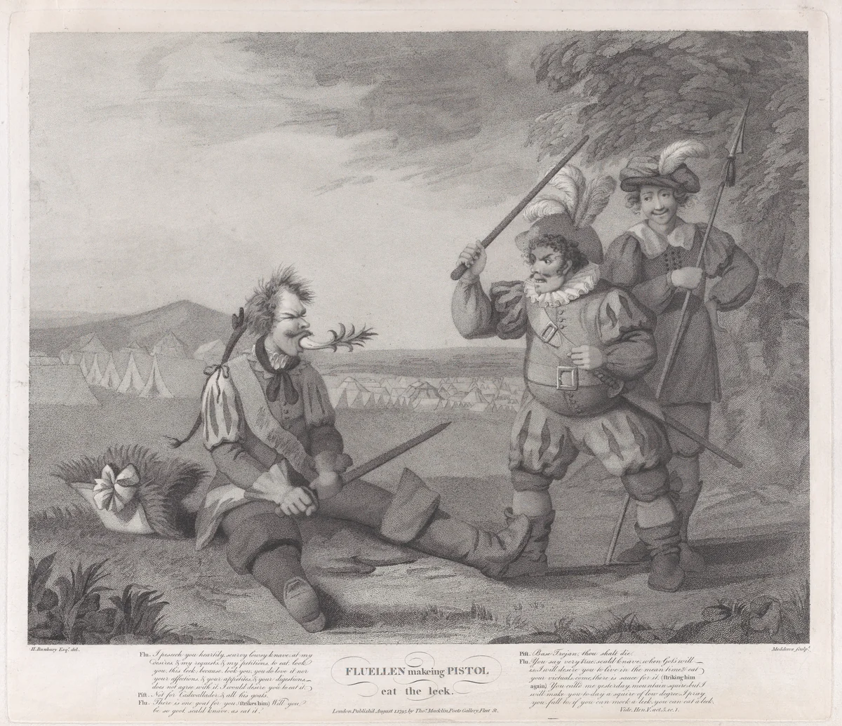 Fluellen Making Pistol Eat the Leek (Shakespeare, Henry V, Act 5, Scene 1) by Robert Mitchell Meadows, print, 1795