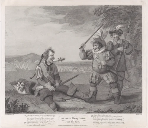 Fluellen Making Pistol Eat the Leek (Shakespeare, Henry V, Act 5, Scene 1) by Robert Mitchell Meadows, print, 1795