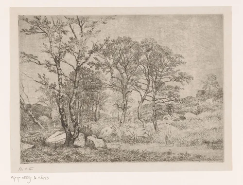 Gezicht in het bos van Fontainebleau met twee koeien by Jean Pierre François Lamorinière, print, 1838-1889