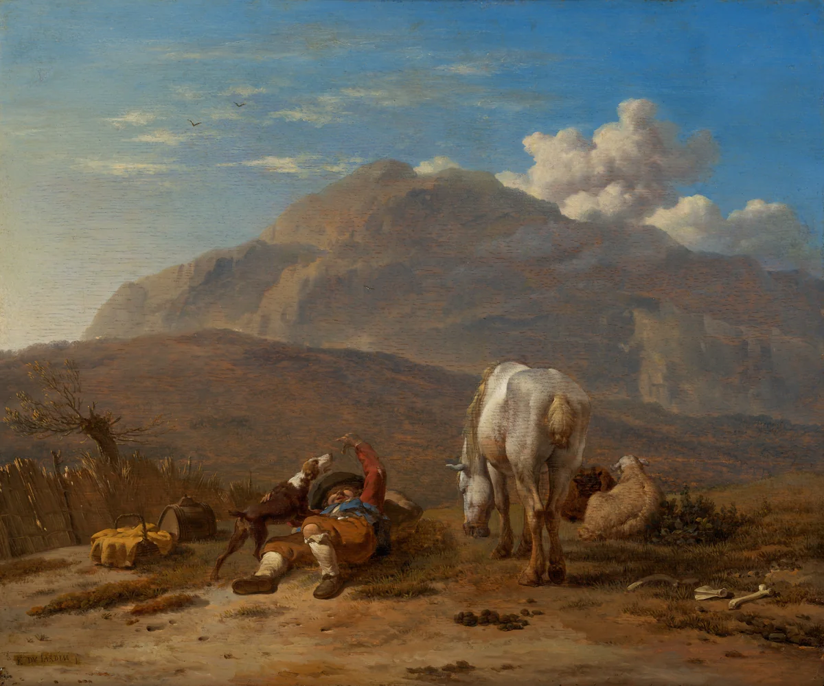 Italian Landscape with a Young Shepherd Playing with his Dog by Karel Dujardin, painting, 1660