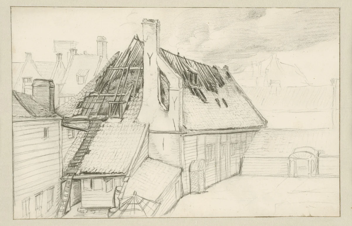 De verbrande zeepziederij De Bruinvis, 1682 by Jan van der Heyden, drawing, 1682