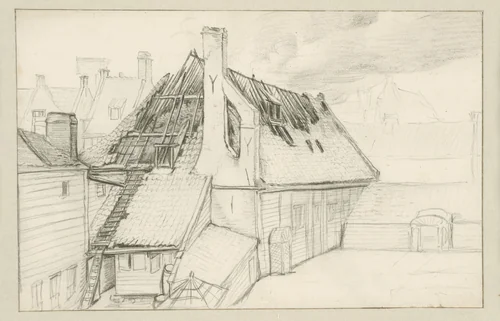 De verbrande zeepziederij De Bruinvis, 1682 by Jan van der Heyden, drawing, 1682