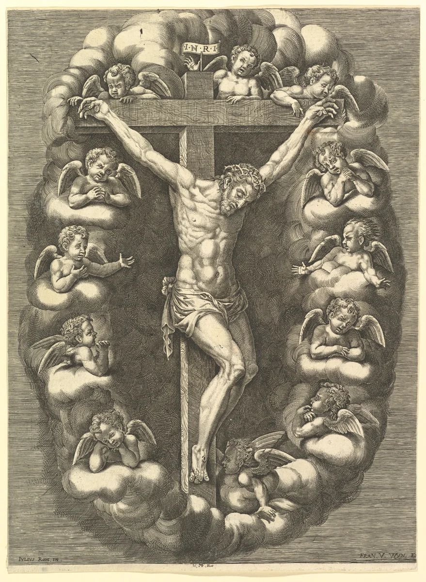 The Crucified Christ Surrounded by Mourning Angels by anonymous, print, 1575-1679