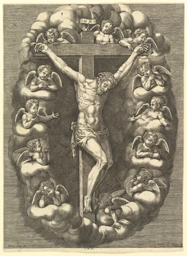 The Crucified Christ Surrounded by Mourning Angels by anonymous, print, 1575-1679