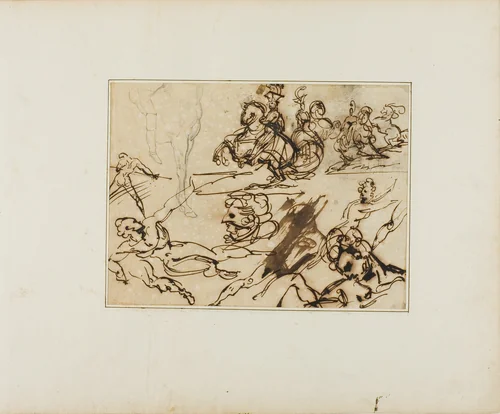 Sheet of Sketches: Lancers, Struggling Nudes, Other Subjects by Jean Louis André Théodore Géricault, drawing, 1813-1814