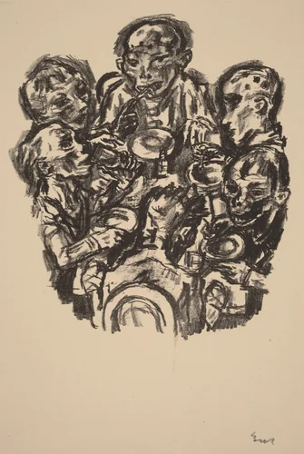 Six Diners at Table by René Beeh, print, 1921