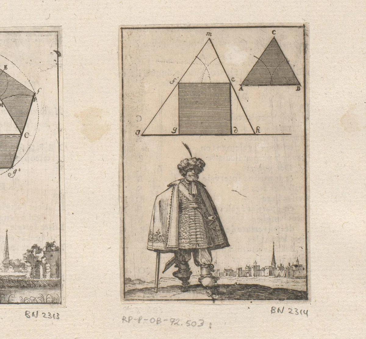 Driehoek rond een vierkant met onderaan een staande man by Sébastien Leclerc, print, 1669