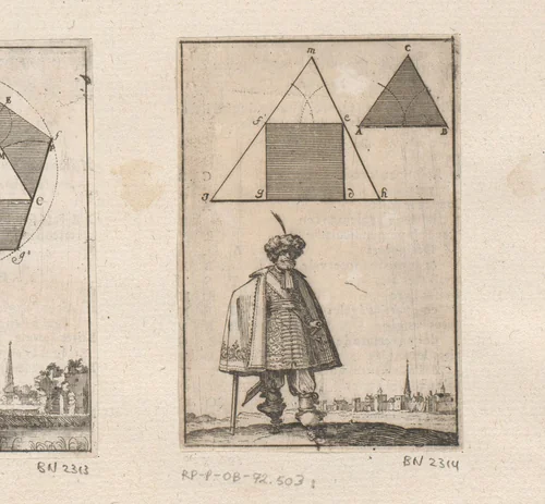 Driehoek rond een vierkant met onderaan een staande man by Sébastien Leclerc, print, 1669