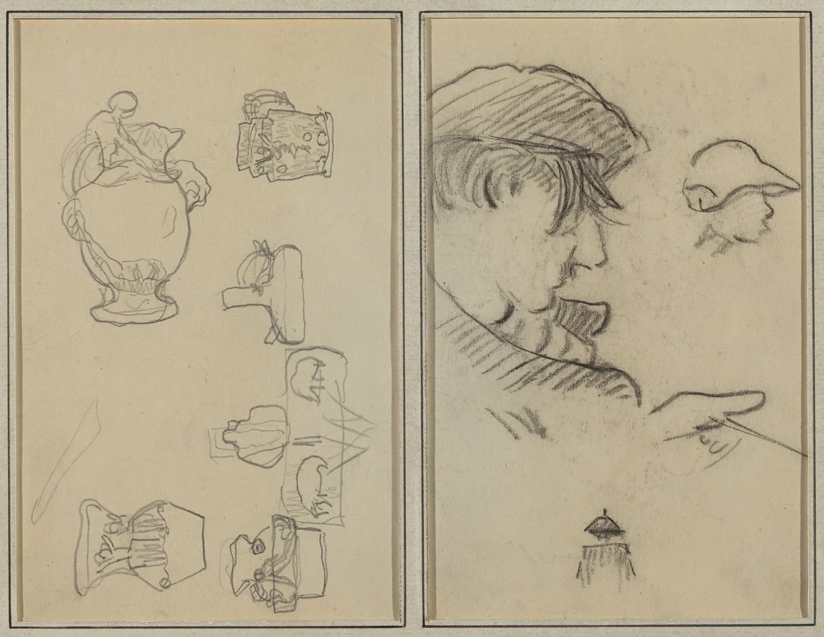 Studies of Jugs and Vases; A Man with Moustache and a Boy with a Hat [recto] by Paul Gauguin, drawing, 1884-1888