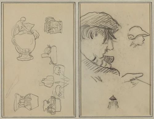 Studies of Jugs and Vases; A Man with Moustache and a Boy with a Hat [recto] by Paul Gauguin, drawing, 1884-1888