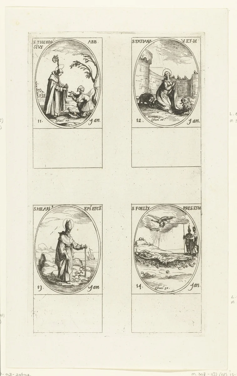 Heilige Theodosius, Heilige Tatjana, Heilige Hilarius van Poitiers, Heilige Felix (11-14 januari) by Jacques Callot, print, 1632-1636