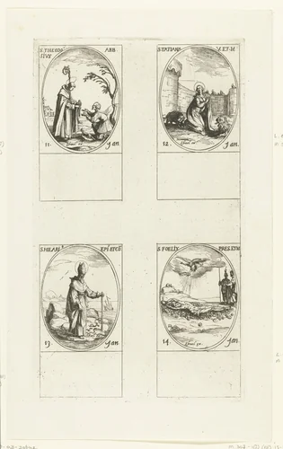 Heilige Theodosius, Heilige Tatjana, Heilige Hilarius van Poitiers, Heilige Felix (11-14 januari) by Jacques Callot, print, 1632-1636