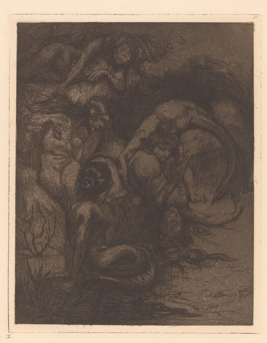 Vijf zeemeerminnen by Johannes Josephus Aarts, print, 1881-1934