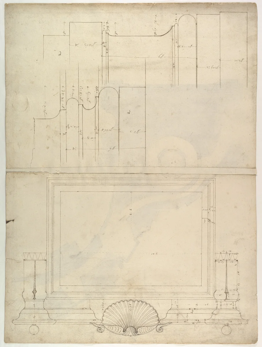 St. Peter's, attic, window, elevation (recto) St. Peter's, apse, plan; window, cornice, elevation profile; arch frame, elevation profile (verso) by anonymous, drawing, 1500-1560