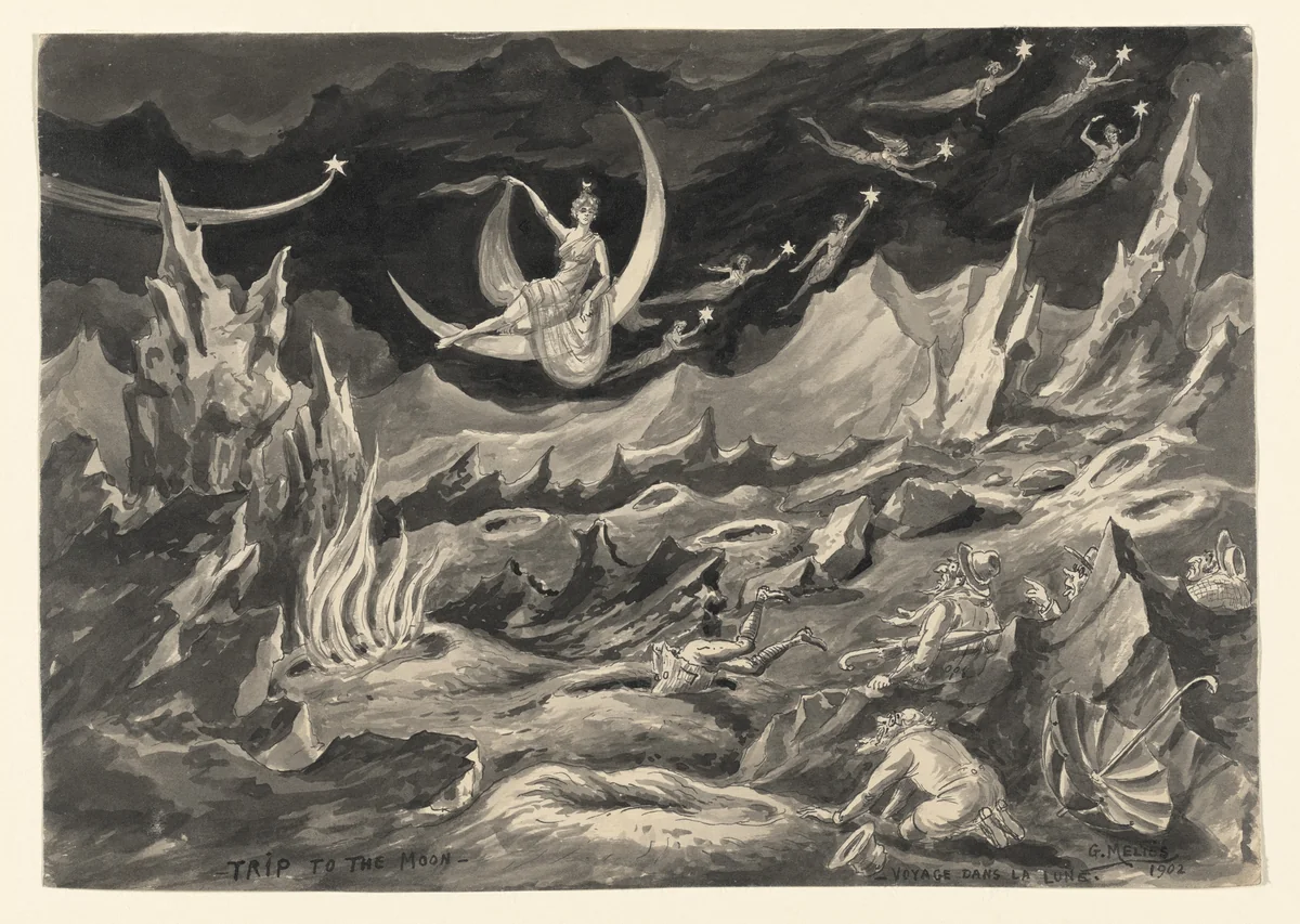 Drawing of Scene 12: The Dream: The Belies, The Great Bear, Phoebus, The Twin Stars, Saturn of the 1902 film A Trip to the Moon (Le Voyage dans la lune) by Georges Méliès, drawing, 1930