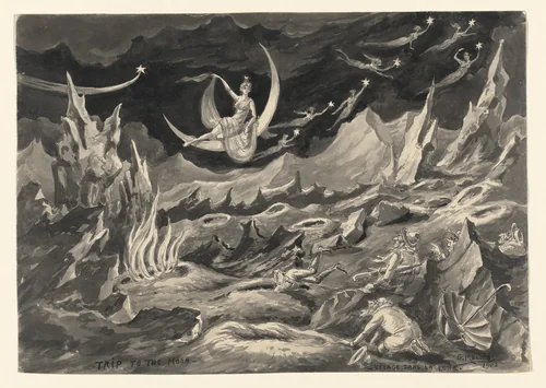 Drawing of Scene 12: The Dream: The Belies, The Great Bear, Phoebus, The Twin Stars, Saturn of the 1902 film A Trip to the Moon (Le Voyage dans la lune) by Georges Méliès, drawing, 1930