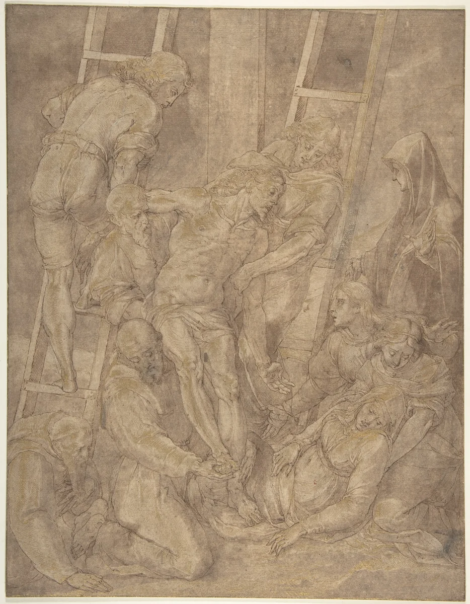 The Descent from the Cross with Saint Francis and Another Friar by Jacopo Ligozzi, drawing, 1619