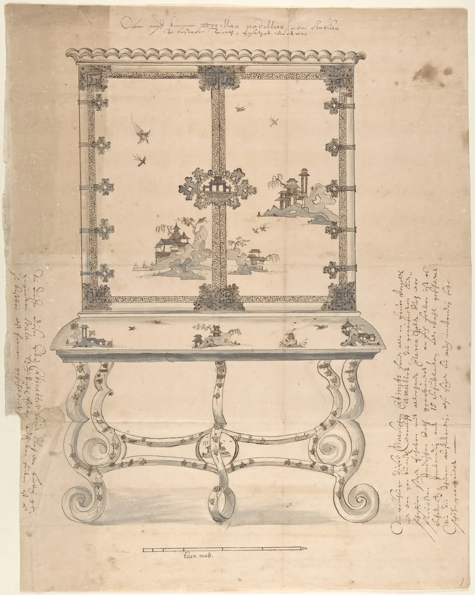 Design for a Chinese-style Lacquer Cabinet by anonymous, drawing, 1720-1730
