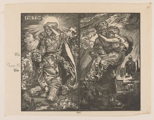 Twee voorstellingen met De Dood als Piëta by Johannes Josephus Aarts, print, 1881-1934