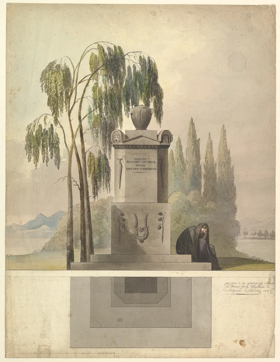Design for a Tomb, Rothgeisser in Nuremberg (Elevation and Ground Plan) by Johann Georg Dürschner, drawing, 1826