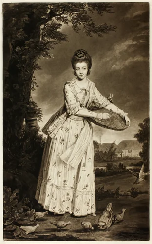Mrs. Pelham Feeding Her Chickens by William Dickinson, print, 1766-1823