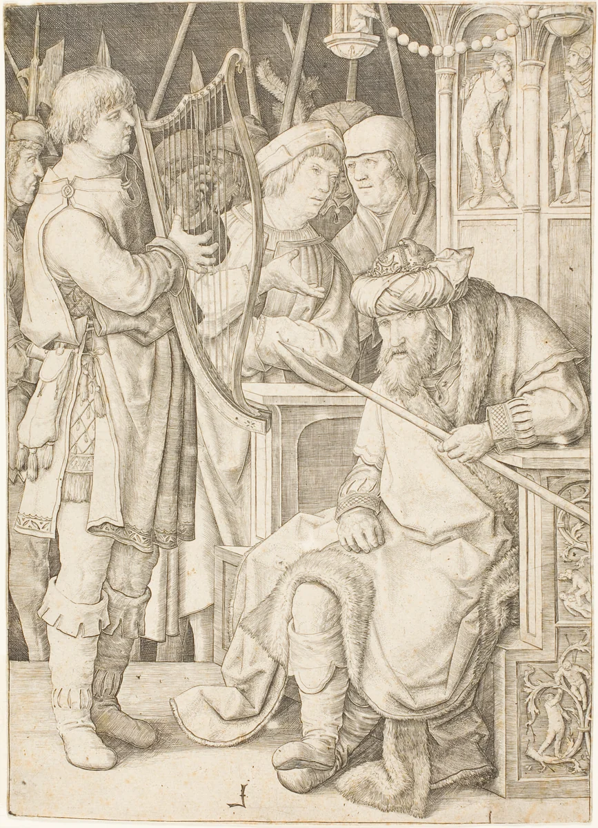 David Playing the Harp Before Saul by Lucas van Leyden, print, 1503-1513