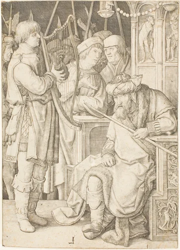 David Playing the Harp Before Saul by Lucas van Leyden, print, 1503-1513