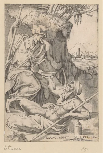 Twee pelgrims in een landschap by Unknown, print, 1542