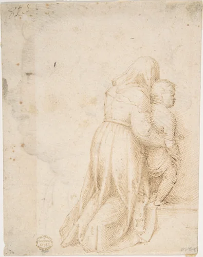 Woman and Child Kneeling (recto); Head of Child (verso) by Andrea del Sarto, drawing, 1500-1600