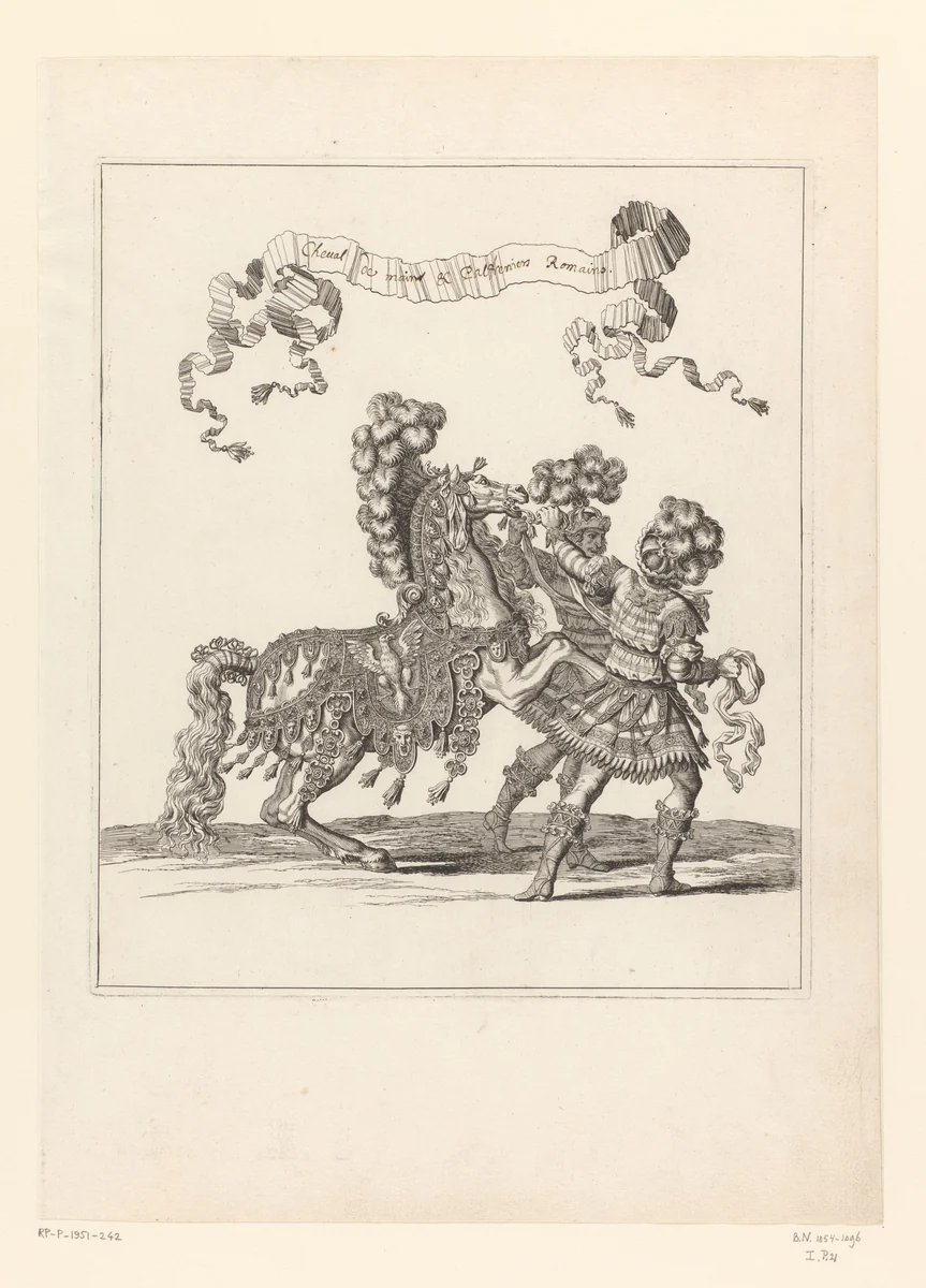 Twee palfreniers met paard in Romeins kostuum by François Chauveau, print, 1670