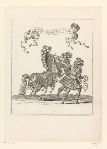 Twee palfreniers met paard in Romeins kostuum by François Chauveau, print, 1670