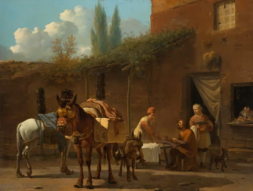 Muilezeldrijvers bij een herberg by Karel du Jardin, painting, 1658-1660