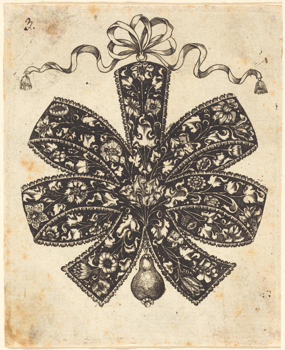 Bow Embellished with Flowers by Johannes Hanias, print, 1650