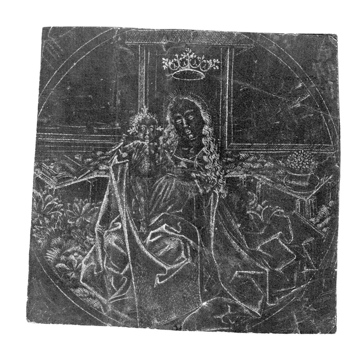 Virgin with a Bird on a Grassy Bank by Master ES, print, 1445-1467