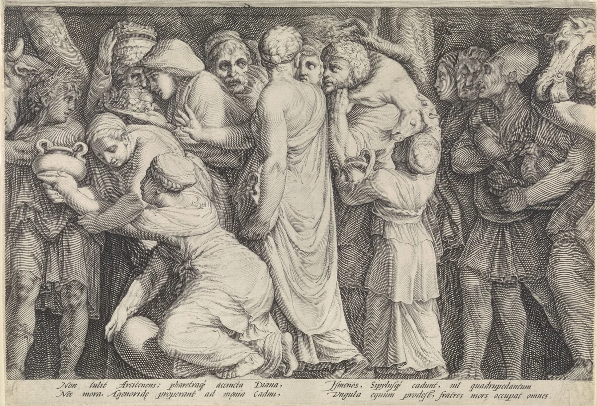 Fries met de bestraffing van Niobe (plaat 7) by Jan Saenredam, print, 1594