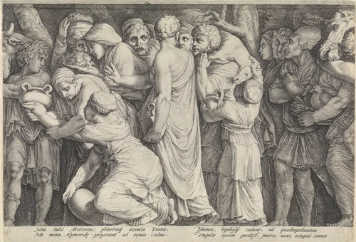 Fries met de bestraffing van Niobe (plaat 7) by Jan Saenredam, print, 1594