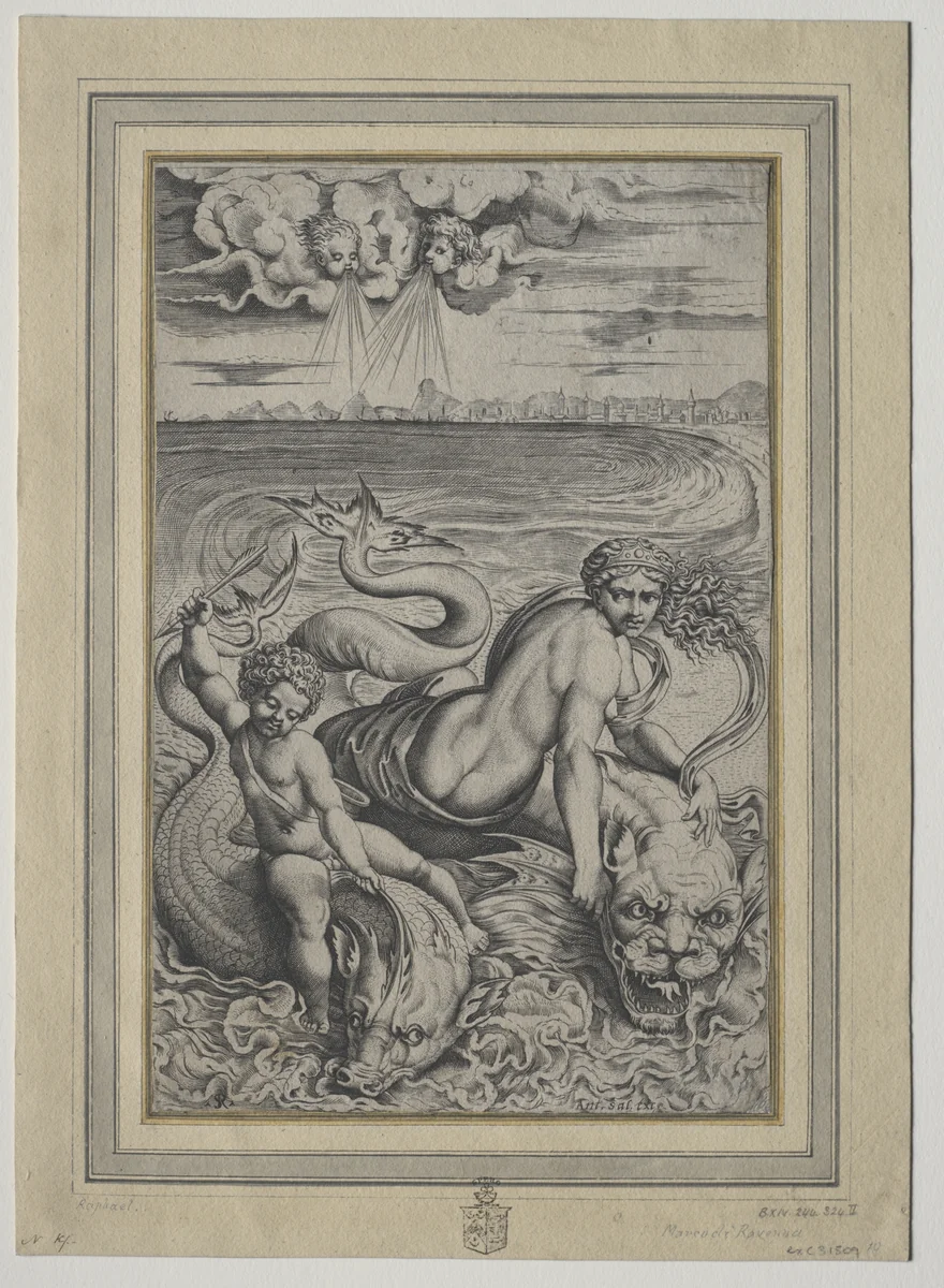 Love and Cupid Carried by Dolphins by Marco Dente, print, 1500-1599