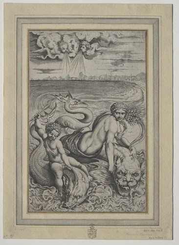 Love and Cupid Carried by Dolphins by Marco Dente, print, 1500-1599