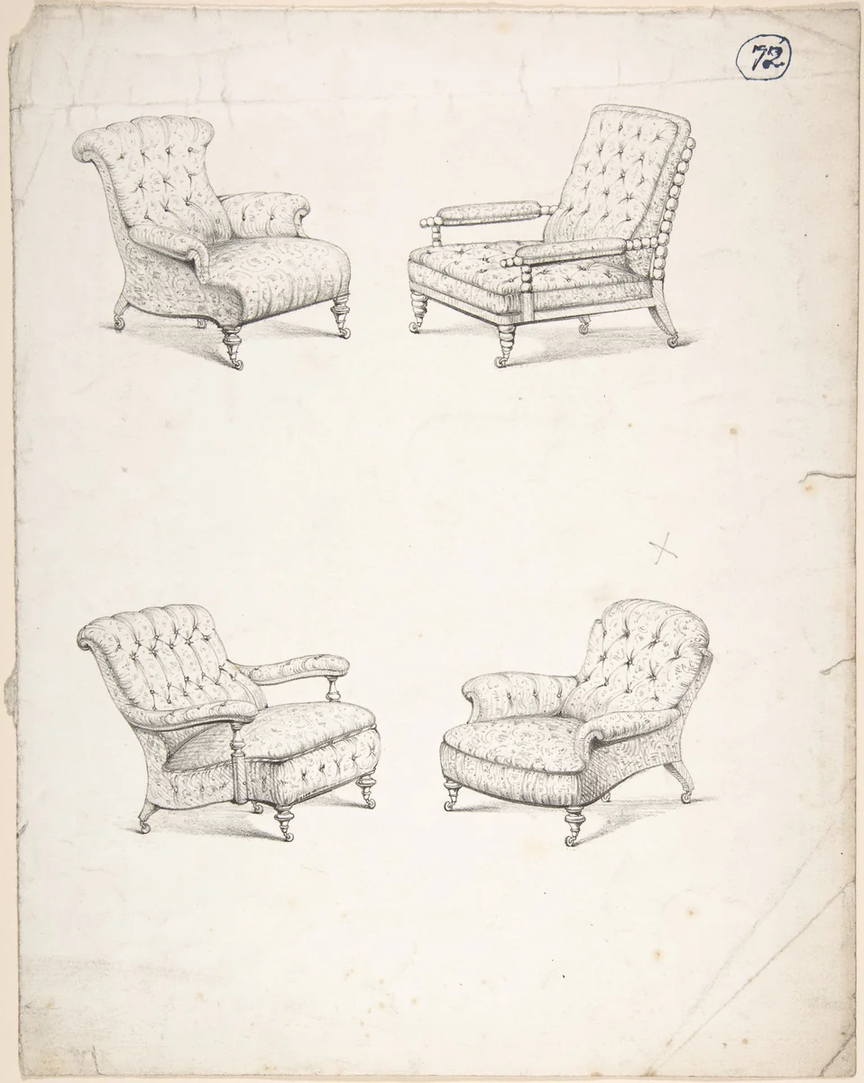 Designs for Four Upholstered Chairs by Charles Hindley and Sons, drawing, 1841-1884