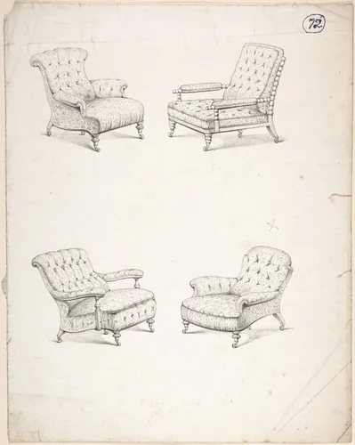 Designs for Four Upholstered Chairs by Charles Hindley and Sons, drawing, 1841-1884