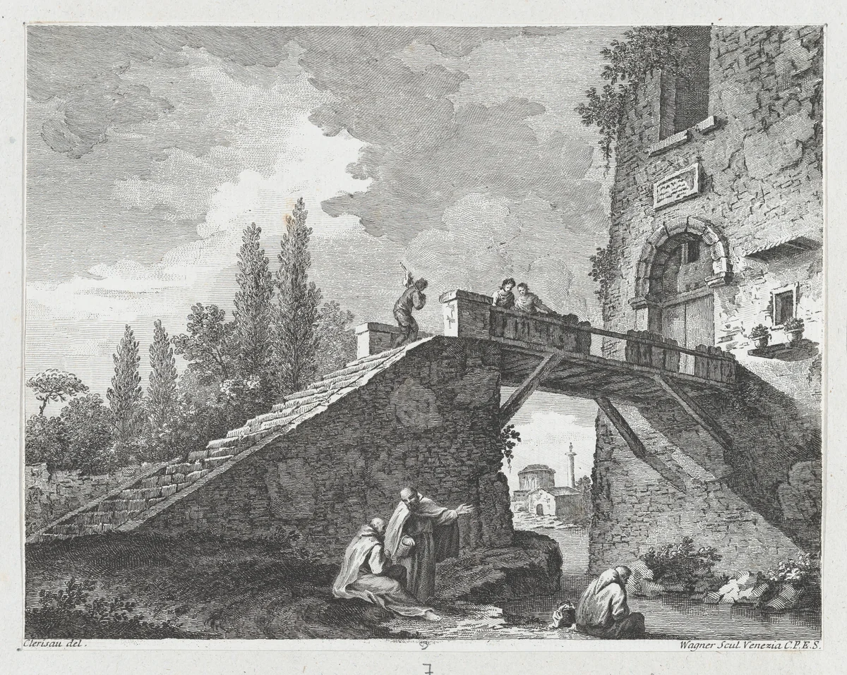 Landscape with Bridge by Joseph Wagner, print, 1745-1775