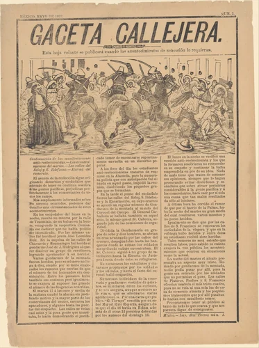 Cover of the 'Gaceta Callejera' reporting on the continuation of anti-reelection riots by José Guadalupe Posada, print, 1892