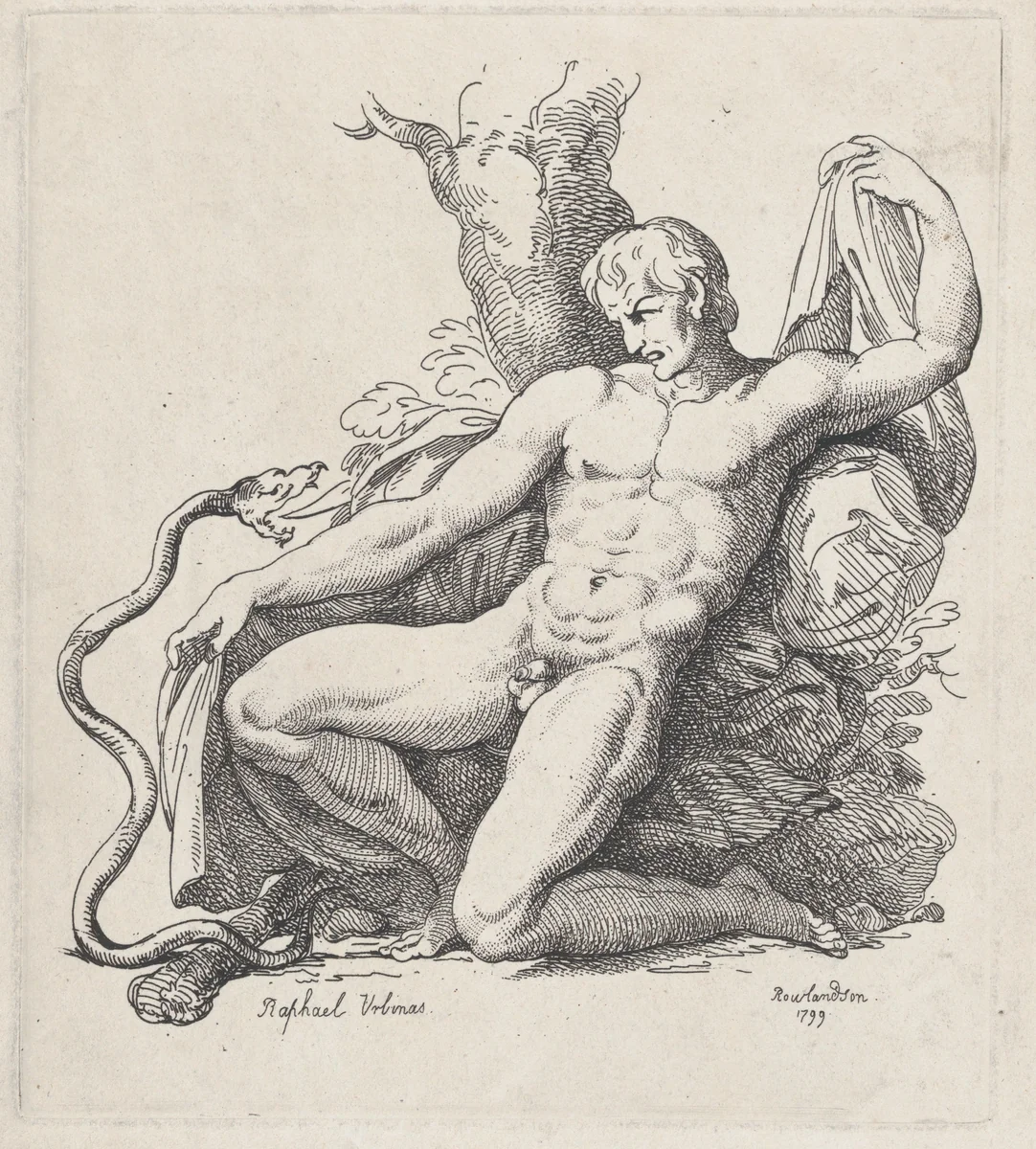 Serpent Attacking a Naked Man by Thomas Rowlandson, print, 1799