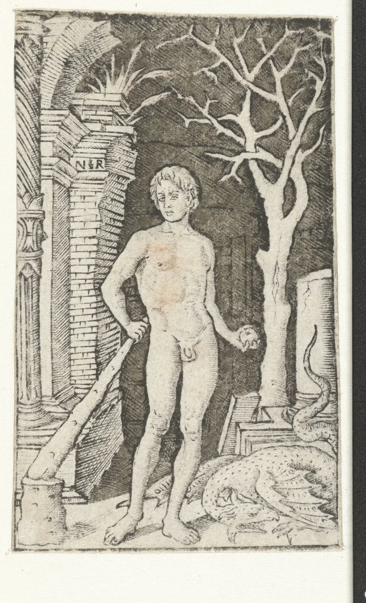 Hercules met knots en gouden appel staat naast dode draak in tuin van Hesperiden by Unknown, print, 1490-1520