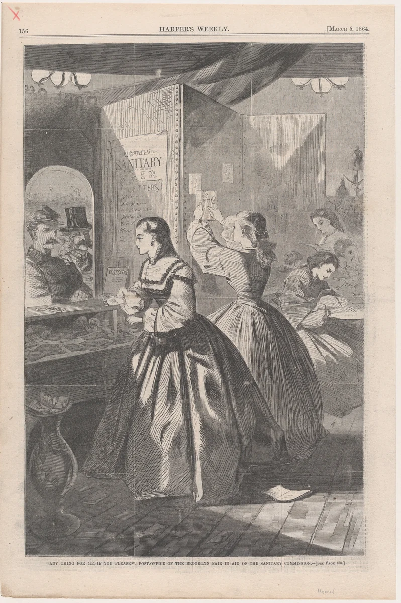 "Any Thing for Me, if you Please?" Post-Office of the Brooklyn Fair in Aid of the Sanitary Commission (from "Harper's Weekly," Vol. VIII) by Winslow Homer, print, 1864