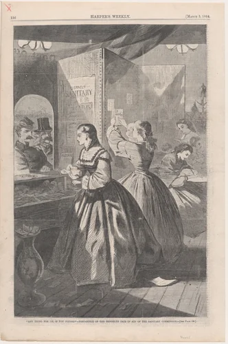 "Any Thing for Me, if you Please?" Post-Office of the Brooklyn Fair in Aid of the Sanitary Commission (from "Harper's Weekly," Vol. VIII) by Winslow Homer, print, 1864