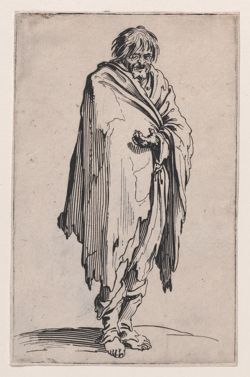 Le Mendiant a la Tête Découverte et aux Pieds Nuds (The Beggar with the Uncovered Head and Bare Feet), from "Les Gueux suite appelée aussi Les Mendiants, Les Baroni, ou Les Barons" (The Beggars, also called the Barons) by Jacques Callot, print, 1618-1628