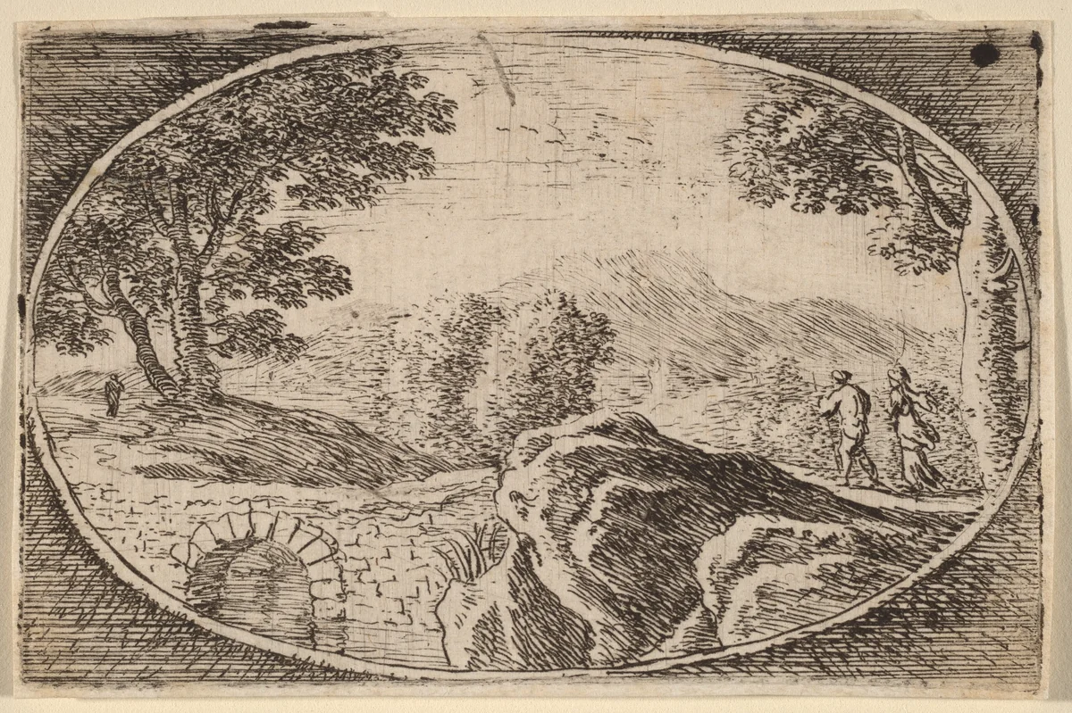 Two Figures near a Small Stone Bridge by Herman van Swanevelt, print, 1600-1655