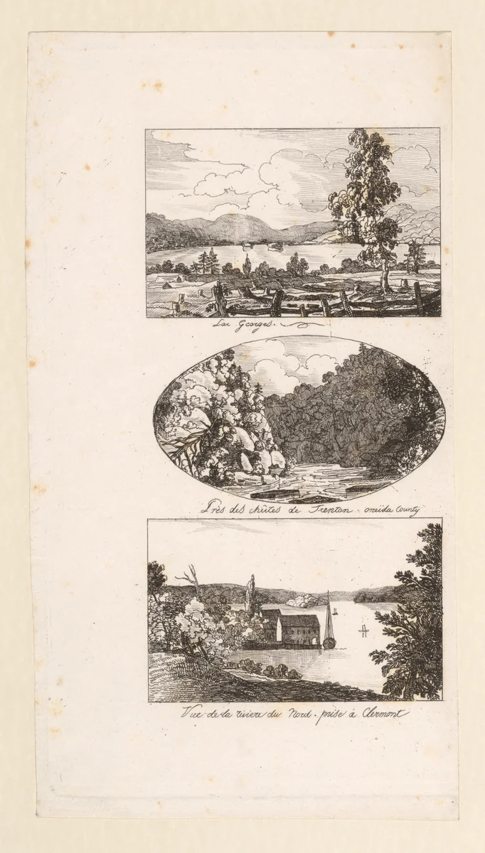 Vues d'Amerique: Lac Georges; Près des chûtes de Trenton, Oneida County; Vue de la rivière du Nord, prise à Clermont by Charlotte Bonaparte, print, 1821-1831